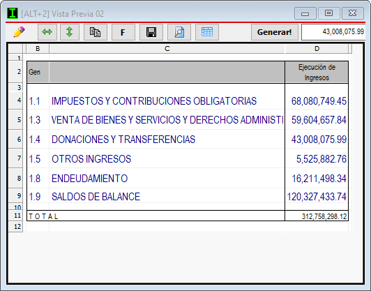 Ventana de reporte de ingresos